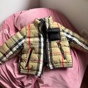Burberry Tan Plaid Puffer Jacket with Black & Red Accents
